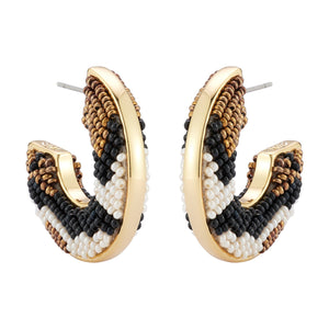 Black, Cream, and Bronze Beaded Aztec Hoop Earrings on Flat White Background