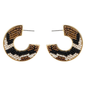 Black, Cream, and Bronze Beaded Aztec Hoop Earrings on Flat White Background