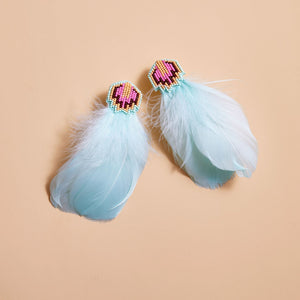 Blue Feather Earrings with Multi-Colored Beads on Tan Background