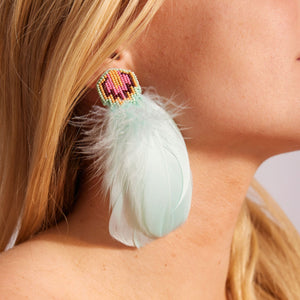 Blue Feather Earrings with Multi-Colored Beads on Model's Ear