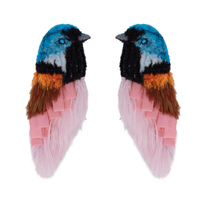 Pink, Blue, Orange, and Black Feather, Sequin, and Bead Embroidered Bird Stud Earrings on Flat White Background