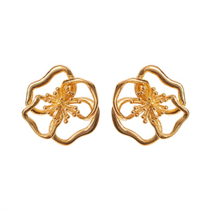 Gold Flower Hardware Stud Earrings on White Background