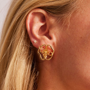 Gold Flower Hardware Stud Earrings on Model's Ear