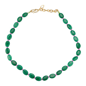 Green Stone and Pink Bead Strand Necklace on Flat White Background