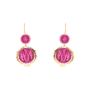 Hot Pink Embroidered Double Drop Earrings on Flat White Background