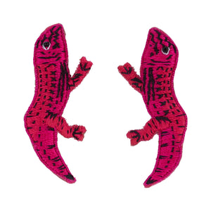 Hot Pink and Black Embroidered Lizard Stud Earrings on Flat White Background