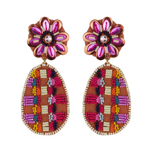 Pink Multi Beaded and Sequin Flower Double Drop Earrings on Flat White Background