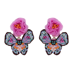 Pink Multi Flower and Butterfly Double Drop Beaded and Embroidered Earrings on Flat White Background