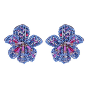 Purple and Pink Beaded Flower Stud Earrings on Flat White Background