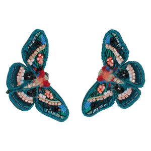 Teal, Pink, and Red Embroidered and Beaded Butterfly Stud Earrings on Flat White Background